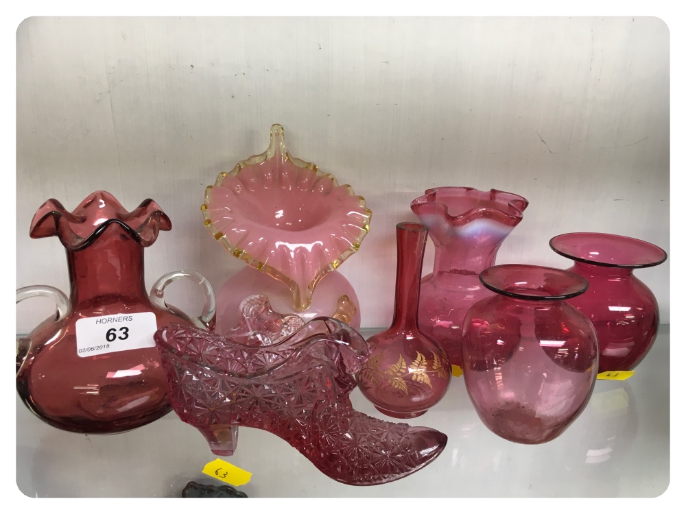 SIX CRANBERRY AND ONE PINK, GLASS VASES/