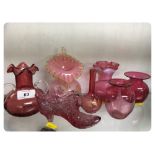 SIX CRANBERRY AND ONE PINK, GLASS VASES/