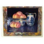 OIL ON BOARD, PEACHES AND PORCELAIN, BEA