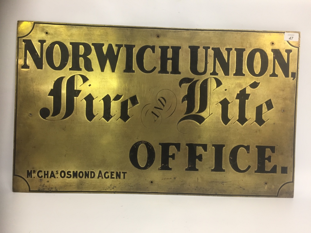 BRASS WALL PLAQUE, "NORWICH UNION FIRE A