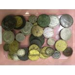 TUB OF MIXED COINS, FEW SILVER, TOKENS E