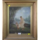 19th century European School Cupid tugging at the skirt of a young woman in a river landscape with
