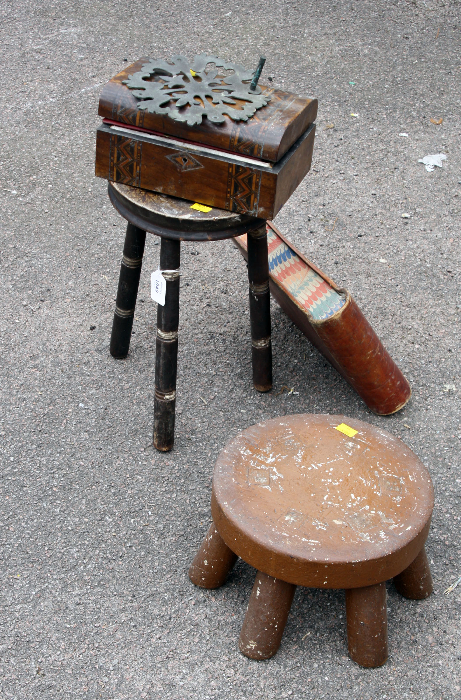A collection of mostly wooden articles, including a painted rustic stool, inlaid work box and