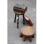 A collection of mostly wooden articles, including a painted rustic stool, inlaid work box and