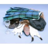 Mixed lot of collector's items including a Rae tartan kilt, sporran, lace collars, mother of pearl