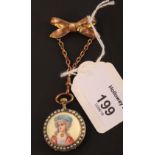 A lady's pearl and enamel fob watch, the circular enamel dial with Roman numerals and split pearl