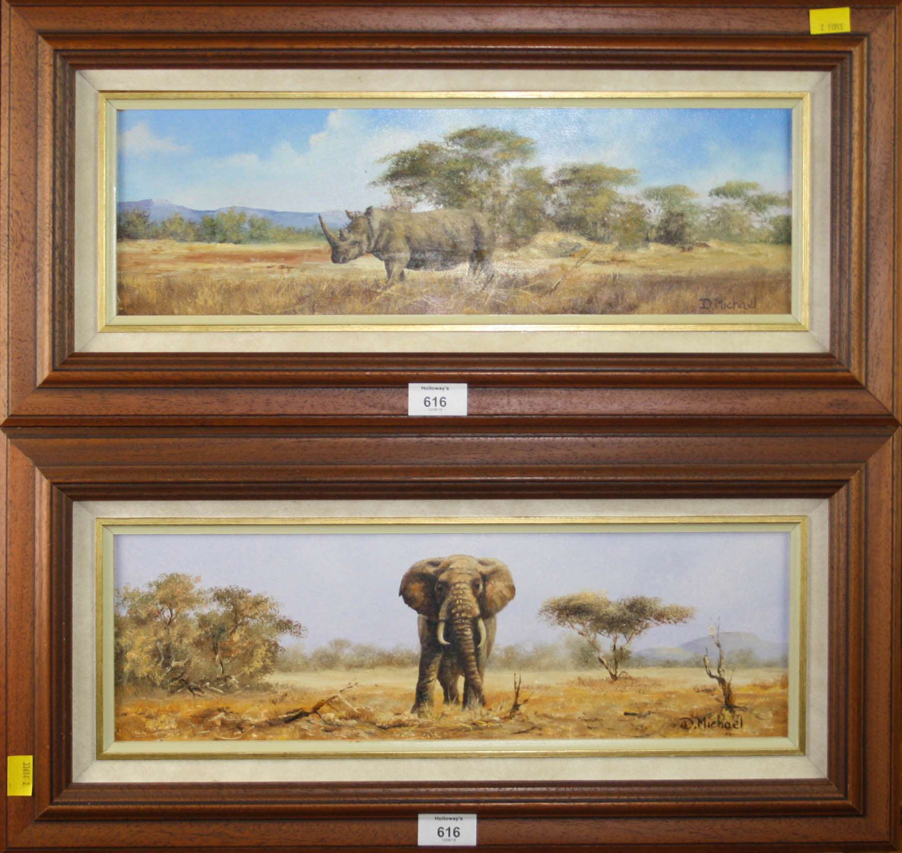 D. Michael (20th century, South African) Five Savannah landscapes, each with big game oils on