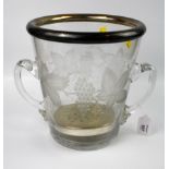 A large and impressive vine etched champagne bucket with loop handles and EPNS fittings, 26cm high