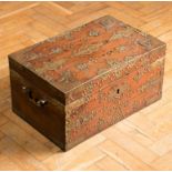 A 19th century 'Mallabar' type rosewood strong box with brass banding and decorative stud work,