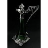 WMF silver plated pewter claret ewer with green glass body and open work stopper