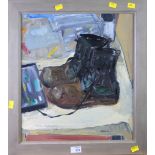 Vivian King (British 20th century) Still life study of walking boots oil on board 44.5 x 40cm