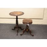 A Victorian carved walnut revolving piano stool with tripod base and a Victorian circular wine table