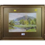 J Gundry An extensive farmhouse in a river valley landscape watercolour, signed and dated 1909 23
