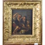 19th century Continental School Two boys picknicking with attendant hound oil on panel 18.5 x 15cm