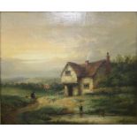 Attributed to John Crome A half timbered cottage with figures and pond at sunset oil on canvas 34