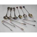 Hayne and Cater, a set of three silver mustard spoons, London 1855, three pairs of silver sugar nips