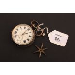 A silver open faced pocket watch, the white enamel dial with Roman numerals and subsidiary seconds