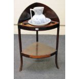 A George III mahogany corner wash stand with blue and white jug and bowl set, the stand with splay