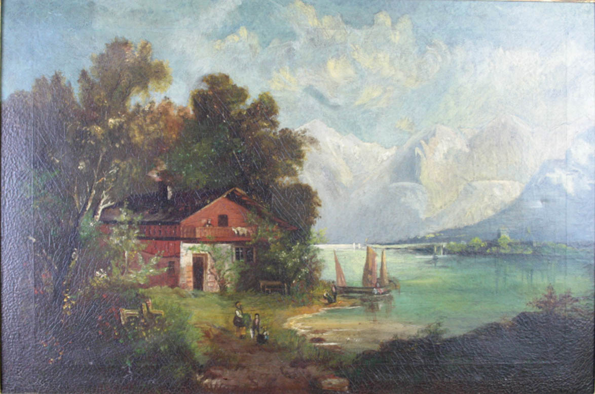 19th century Continental School an Alpine landscape with figures, dwelling and lake, mountains