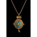 A Victorian enamel diamond and pearl pendant, the oval pendant with central turquoise enamel boss