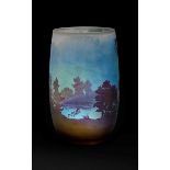 Emile Galle, and Art Nouveau cameo glass vase of elliptical cylindrical form, decorated in mauve and