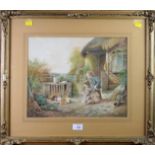 R. Haysom (19th century) Children outside a thatched brick dwelling with rabbits watercolour, signed