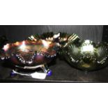 A Grape and Cable pattern carnival glass dish standing on three feet, together with a shell