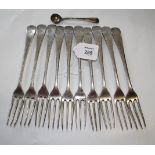 A set of ten feather edged three tine table forks, by Hester Bateman, crests engraved to