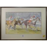 Karen Jones (British, 20th century) 'Ajdal Winning the Dewhurst Stakes' watercolour, monogrammed and