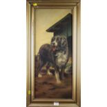 After Sir Edwin Landseer, A foxhound seated in a manger, oil on canvas, 70 x 30cm, together with