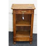 A 19th century French fruitwood pot cupboard, the rectangular top over frieze drawer with florally