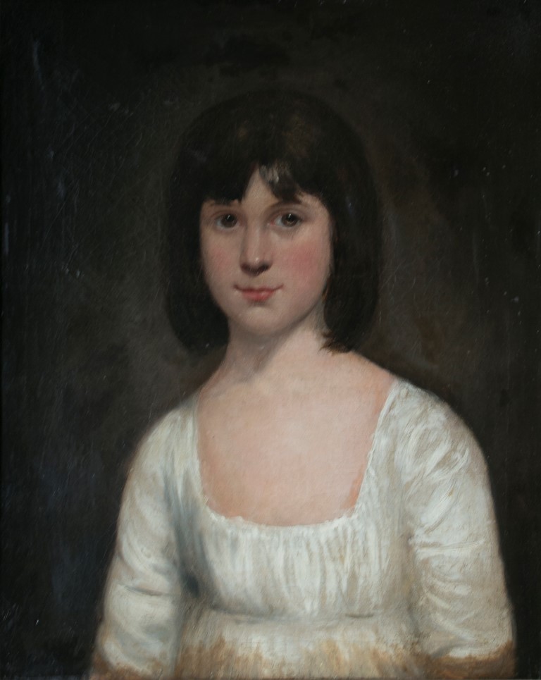 Early 19th century British School Half length portrait of a young girl with shoulder length dark