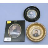 A 19th century profile portrait of a gentleman, 8 x 6.5cm, together with two other miniatures,