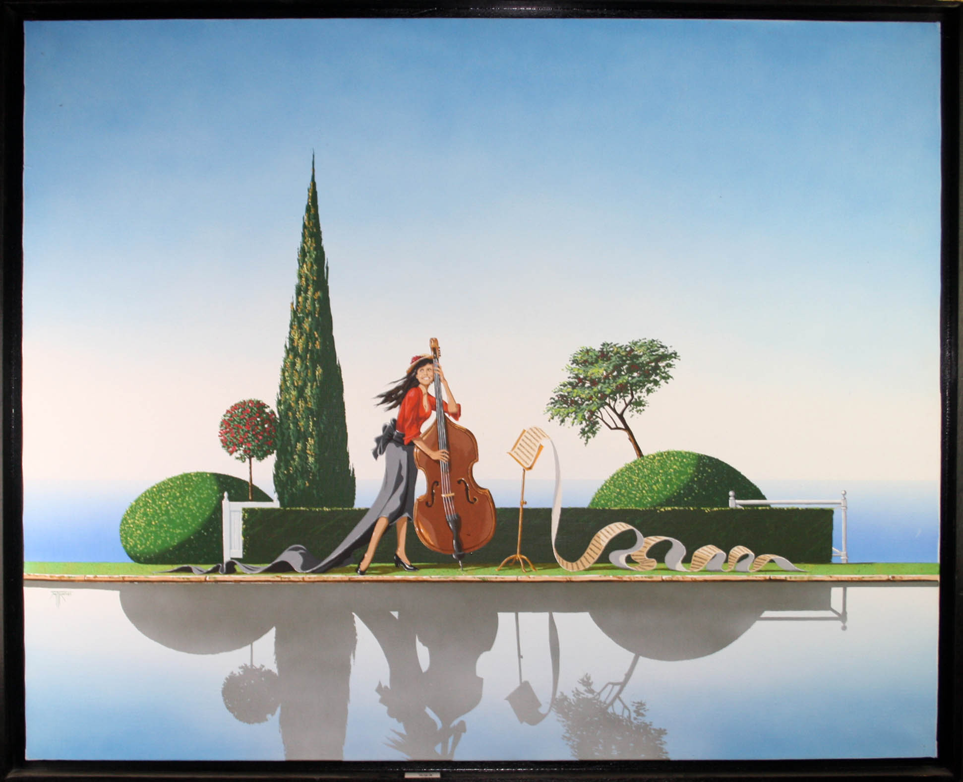 M T Ronei? (20th century) A semi-surrealist landscape with a young woman playing a double bass