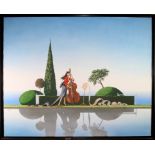M T Ronei? (20th century) A semi-surrealist landscape with a young woman playing a double bass