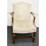 A George II style mahogany framed open armchair with serpentine back, downswept arms, over stuffed