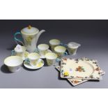 An Art Deco Shelley part tea service, comprising teapot, six cups, three saucers, milk jug and