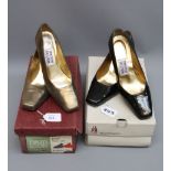 A pair of Timothy Hitsman black patent court shoes together with a pair of Timothy Hitsman gold