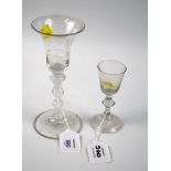 An 18th century trumpet bowl wine glass with unusual triple knop double cotton and gauze twist