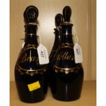 A pair of late 18th century Bristol glass spirit decanters, each with flattened stopper and gilt