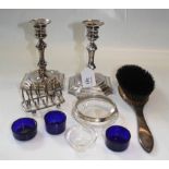 Mappin and Webb, a pair of 18th century style silver plated candlesticks, together with a silver