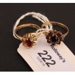 A garnet cluster ring, in sunburst mount to plain 9ct gold shank, together with a nine stone
