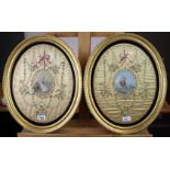 A pair of Victorian gilt framed needlework silk pictures on a golden ground, each oval with