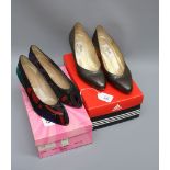 A pair of velvet Charles Jourdan court shoes, red and purple pattern together with a pair of