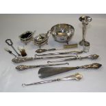 A collection of silver handled button hooks, small continental silver bowl, bud vase etc