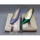 A pair of Debonair green satin court shoes together with a pair of Jacques Vert purple court shoes
