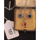 A gem set pear shaped pendant to 18ct gold chain and a pair of paste cluster earrings, in fitted