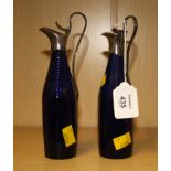 A pair of late 18th century Bristol glass oil and vinegar bottles, each with plated mounts,