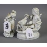 A 19th century Capodimonte white glazed porcelain figure of a putti, cavorting with a goat on a