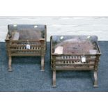 A pair of blacksmith made wrought iron 'dog grates' with shaped front legs